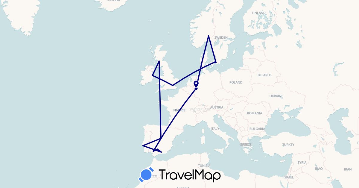 TravelMap itinerary: driving in Germany, Denmark, Spain, United Kingdom, Ireland, Norway, Portugal, Sweden (Europe)